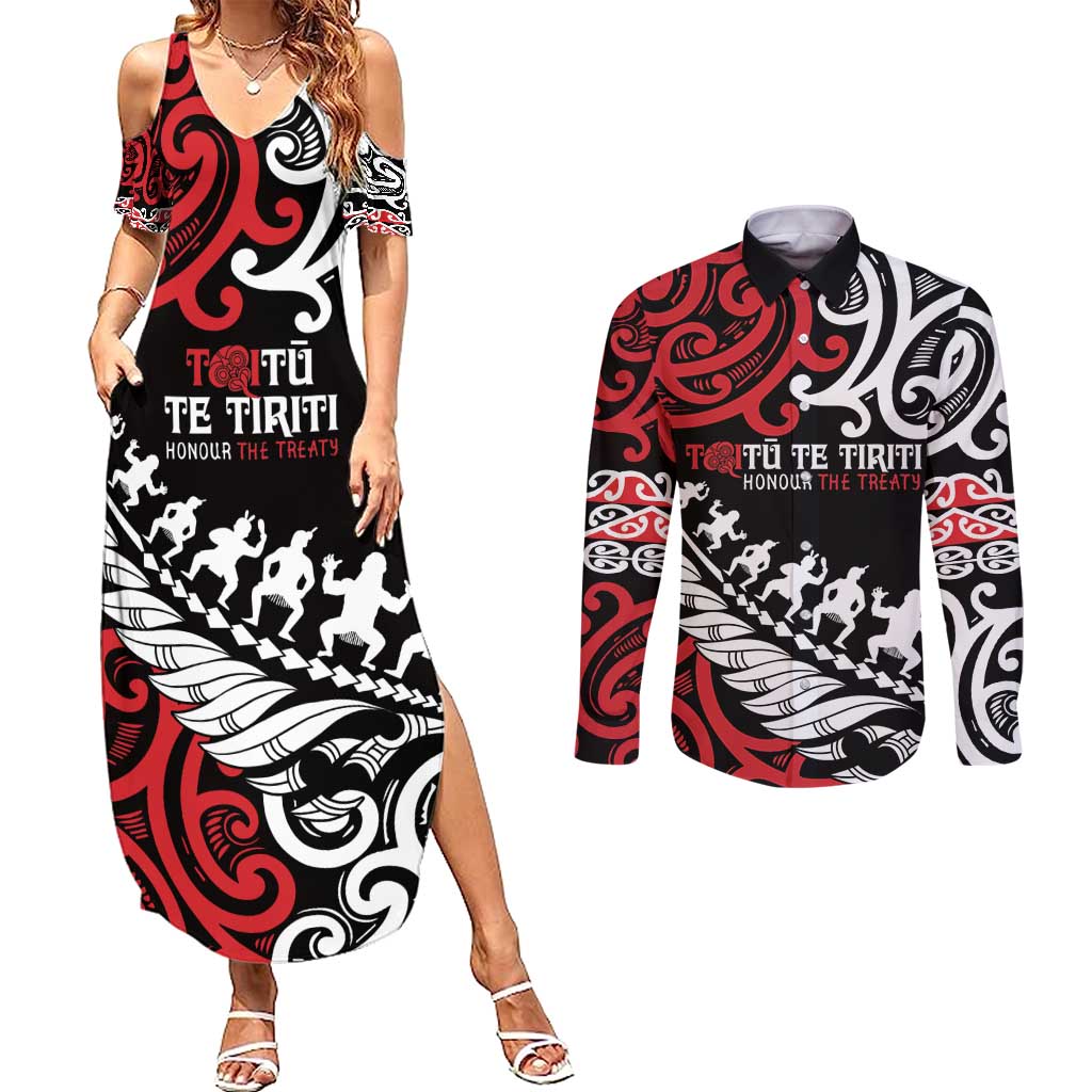 Honour The Treaty New Zealand Personalised Couples Matching Summer Maxi Dress and Long Sleeve Button Shirt Toitu Te Tiriti Half Fern with Haka dance