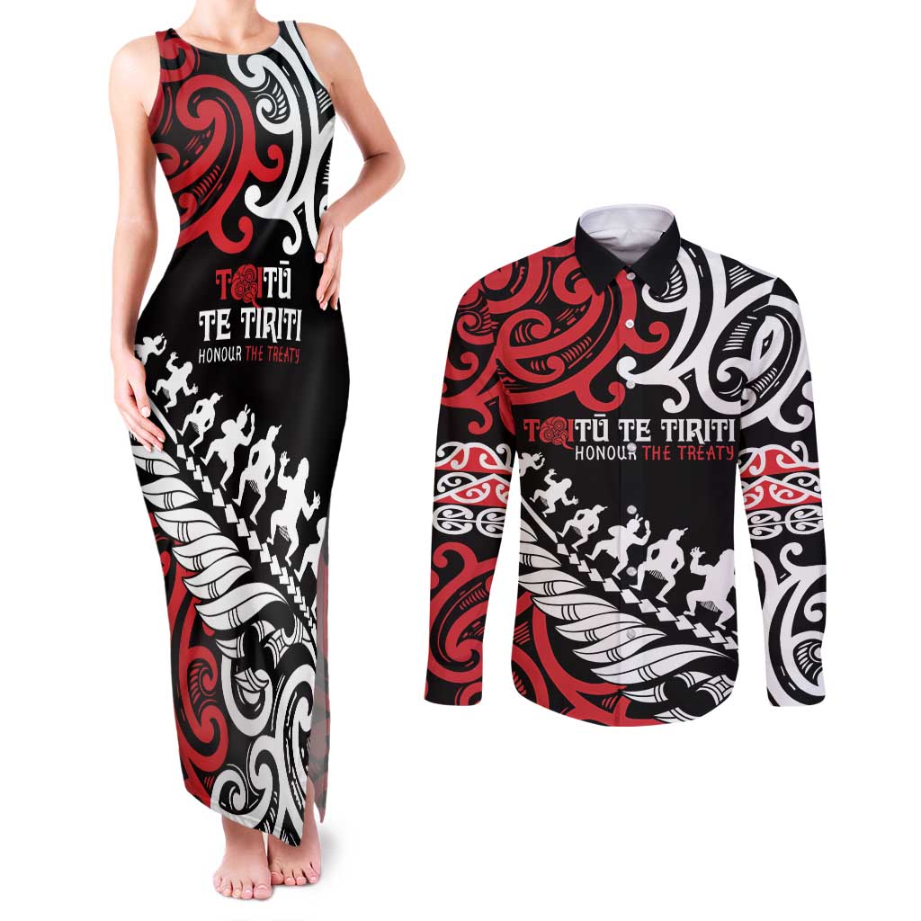Honour The Treaty New Zealand Personalised Couples Matching Tank Maxi Dress and Long Sleeve Button Shirt Toitu Te Tiriti Half Fern with Haka dance
