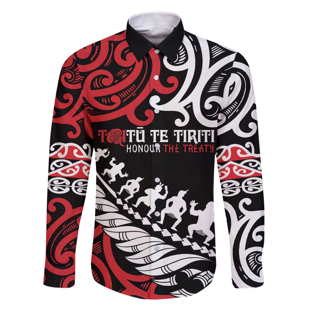 Honour The Treaty New Zealand Personalised Family Matching Off The Shoulder Long Sleeve Dress and Hawaiian Shirt Toitu Te Tiriti Half Fern with Haka dance LT9 Dad's Shirt - Long Sleeve Black - Polynesian Pride