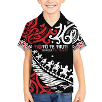 Honour The Treaty New Zealand Personalised Family Matching Off The Shoulder Long Sleeve Dress and Hawaiian Shirt Toitu Te Tiriti Half Fern with Haka dance LT9 Son's Shirt Black - Polynesian Pride