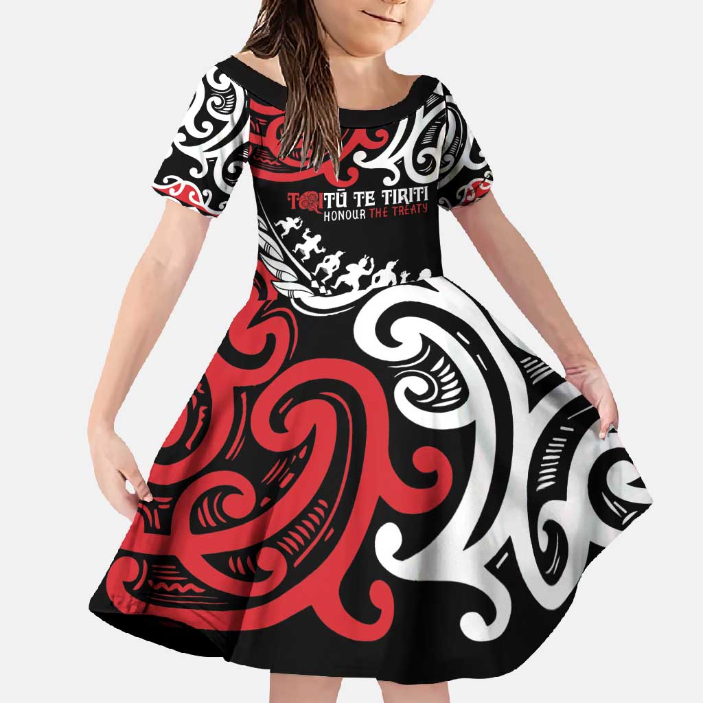 Honour The Treaty New Zealand Personalised Family Matching Off Shoulder Maxi Dress and Hawaiian Shirt Toitu Te Tiriti Half Fern with Haka dance LT9 Daughter's Dress Black - Polynesian Pride