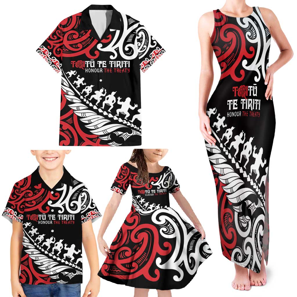 Honour The Treaty New Zealand Personalised Family Matching Tank Maxi Dress and Hawaiian Shirt Toitu Te Tiriti Half Fern with Haka dance LT9 - Polynesian Pride