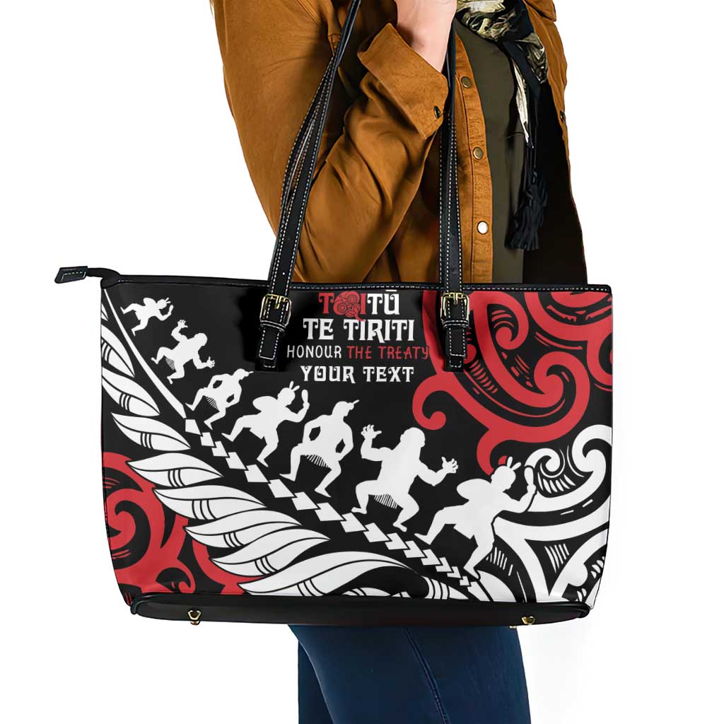 Honour The Treaty New Zealand Personalised Leather Tote Bag Toitu Te Tiriti Half Fern with Haka dance
