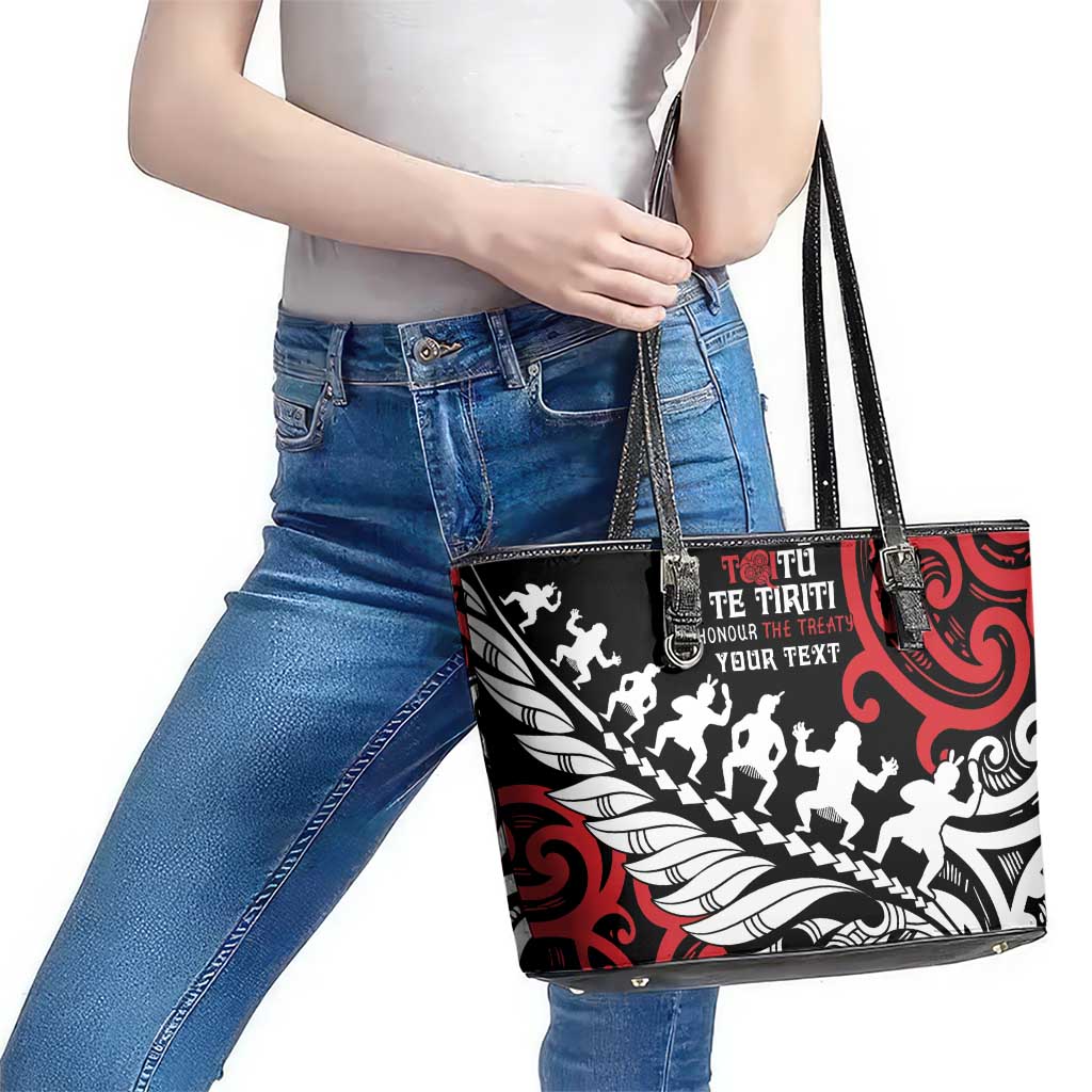 Honour The Treaty New Zealand Personalised Leather Tote Bag Toitu Te Tiriti Half Fern with Haka dance