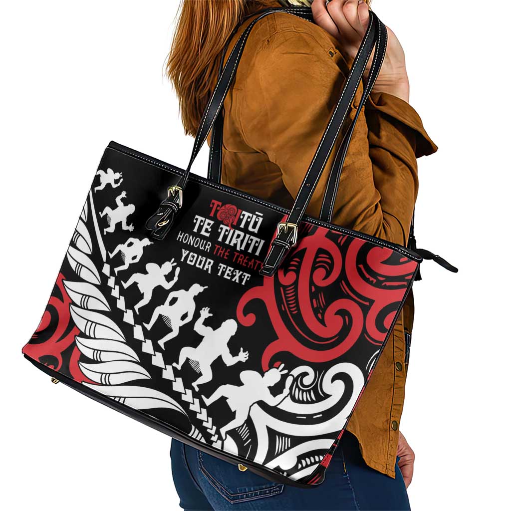 Honour The Treaty New Zealand Personalised Leather Tote Bag Toitu Te Tiriti Half Fern with Haka dance