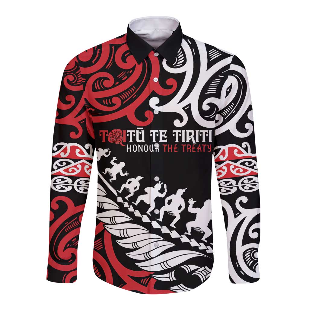 Honour The Treaty New Zealand Personalised Long Sleeve Button Shirt Toitu Te Tiriti Half Fern with Haka dance LT9 Unisex Black - Polynesian Pride