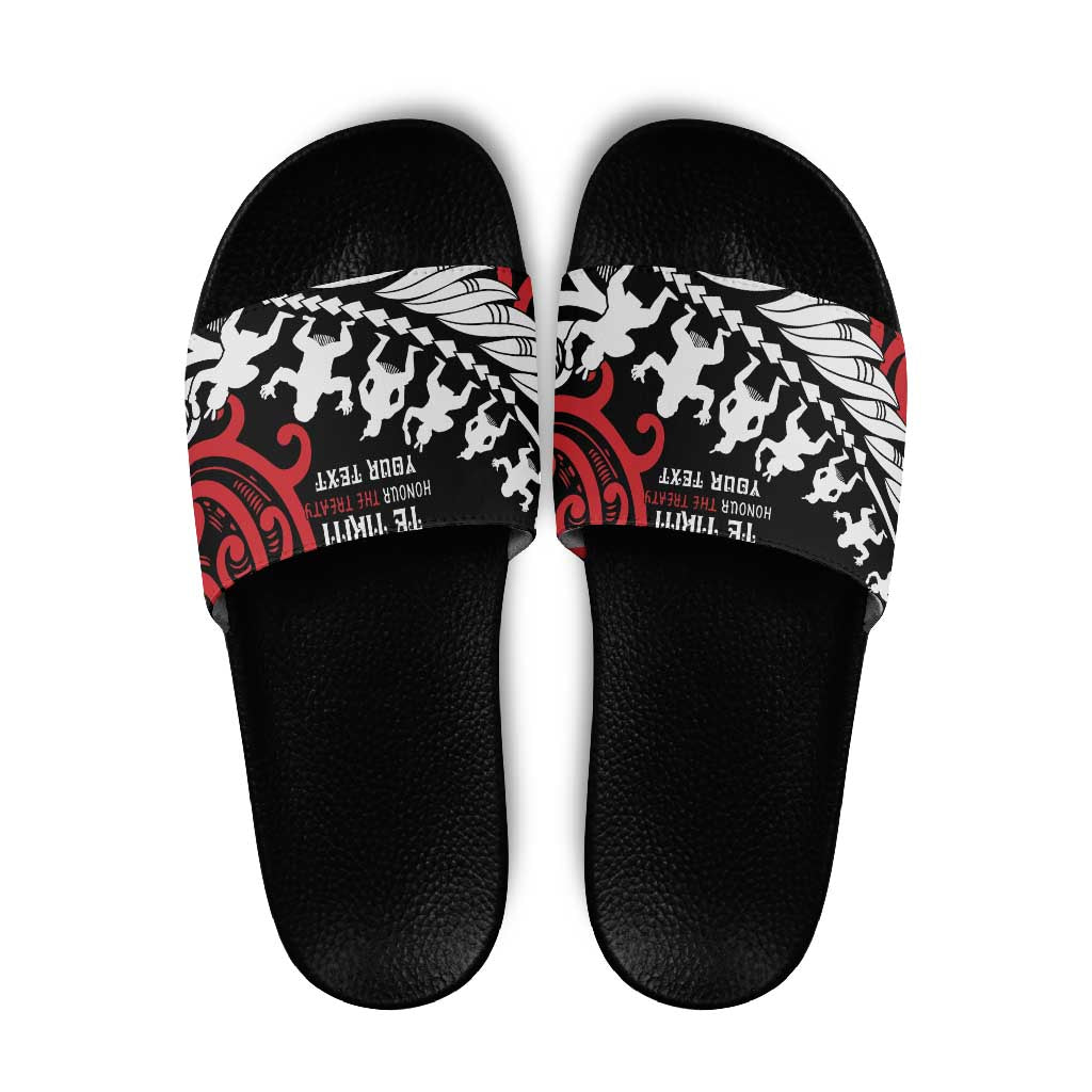 Honour The Treaty New Zealand Personalised Slide Sandals Toitu Te Tiriti Half Fern Haka Dance LT9 Red - Polynesian Pride