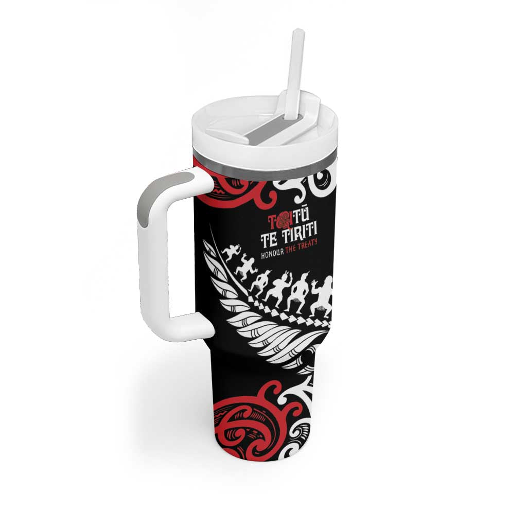 Honour The Treaty New Zealand Personalised Tumbler With Handle Toitu Te Tiriti Half Fern with Haka dance LT9 - Polynesian Pride