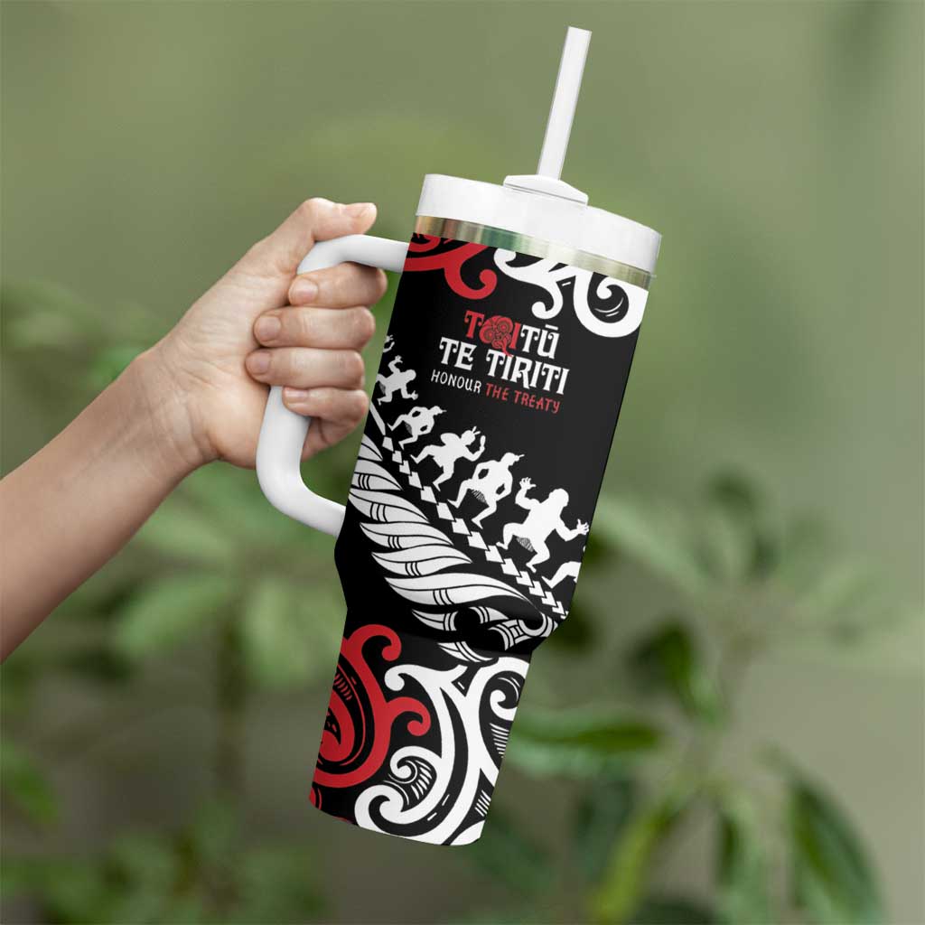 Honour The Treaty New Zealand Personalised Tumbler With Handle Toitu Te Tiriti Half Fern with Haka dance LT9 - Polynesian Pride