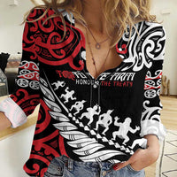 Honour The Treaty New Zealand Personalised Women Casual Shirt Toitu Te Tiriti Half Fern with Haka dance LT9 Female Black - Polynesian Pride