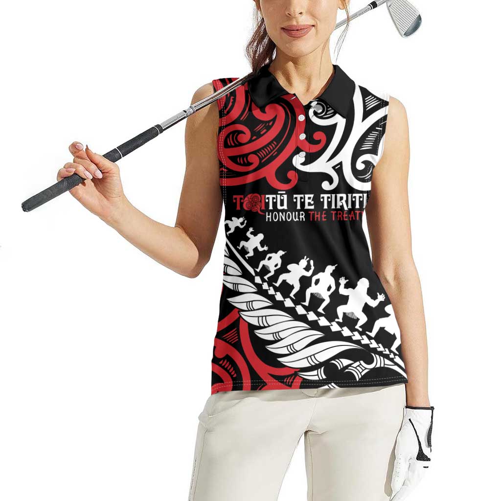 Honour The Treaty New Zealand Personalised Women Sleeveless Polo Shirt Toitu Te Tiriti Half Fern with Haka dance LT9 - Polynesian Pride