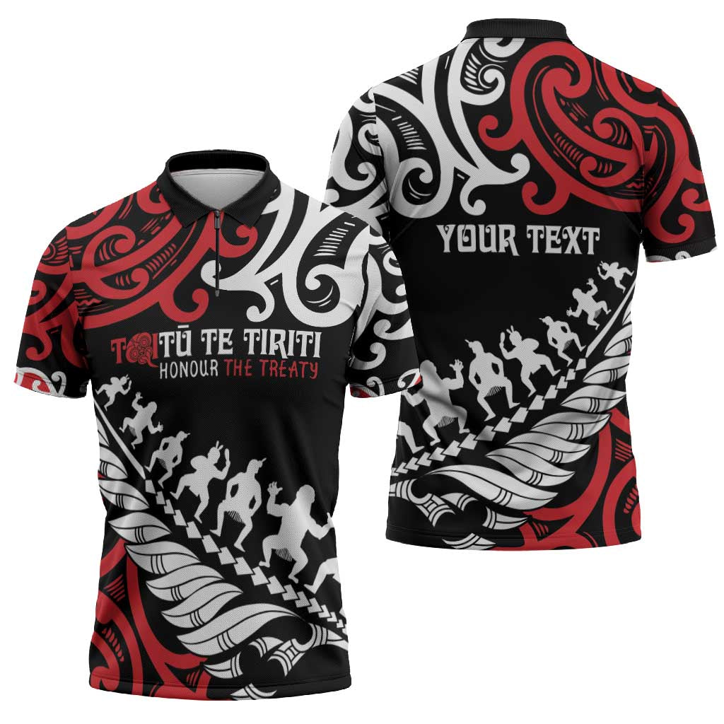 Honour The Treaty New Zealand Personalised Zipper Polo Shirt Toitu Te Tiriti Half Fern Haka Dance - Polynesian Pride