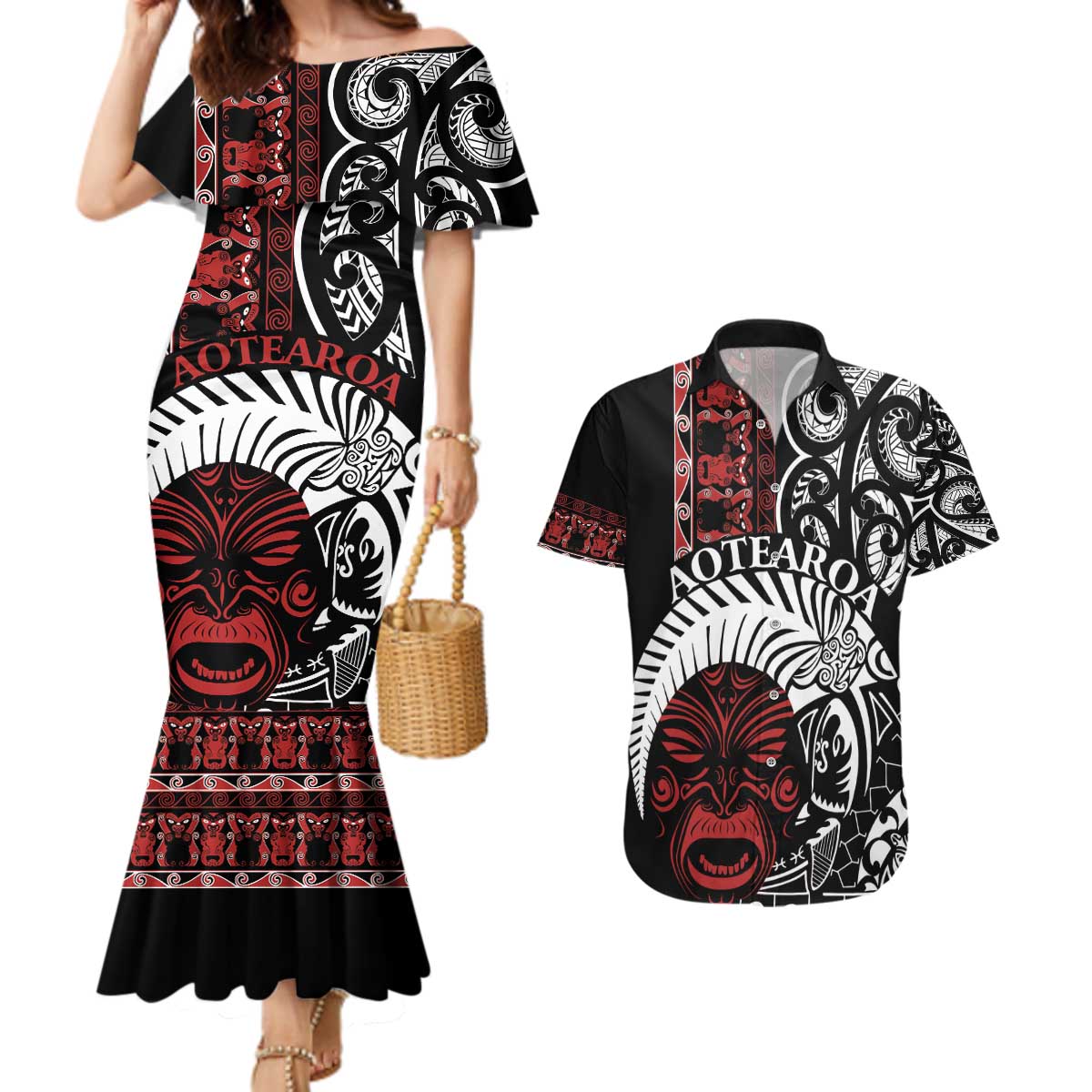 Honour The Treaty New Zealand Personalised Couples Matching Mermaid Dress and Hawaiian Shirt Toitu Te Tiriti Indigenous Maori Face