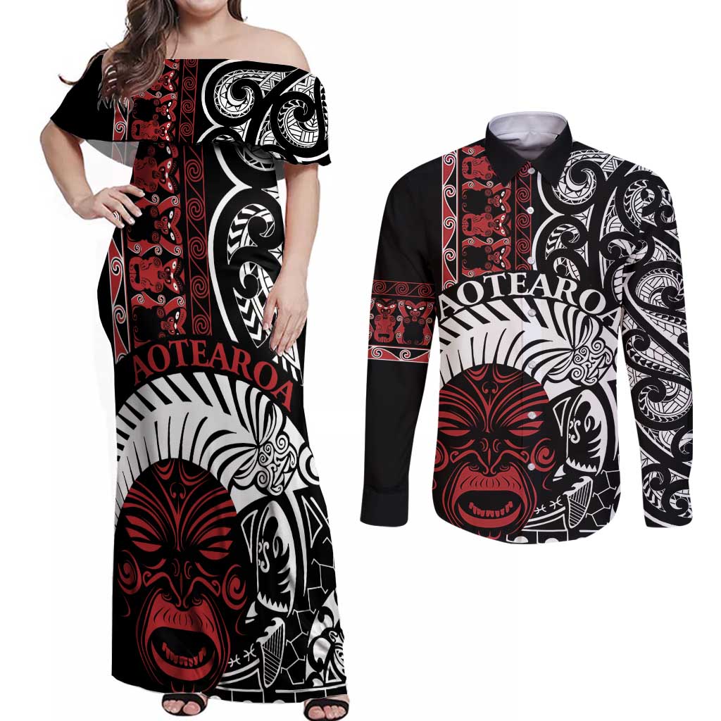 Honour The Treaty New Zealand Personalised Couples Matching Off Shoulder Maxi Dress and Long Sleeve Button Shirt Toitu Te Tiriti Indigenous Maori Face