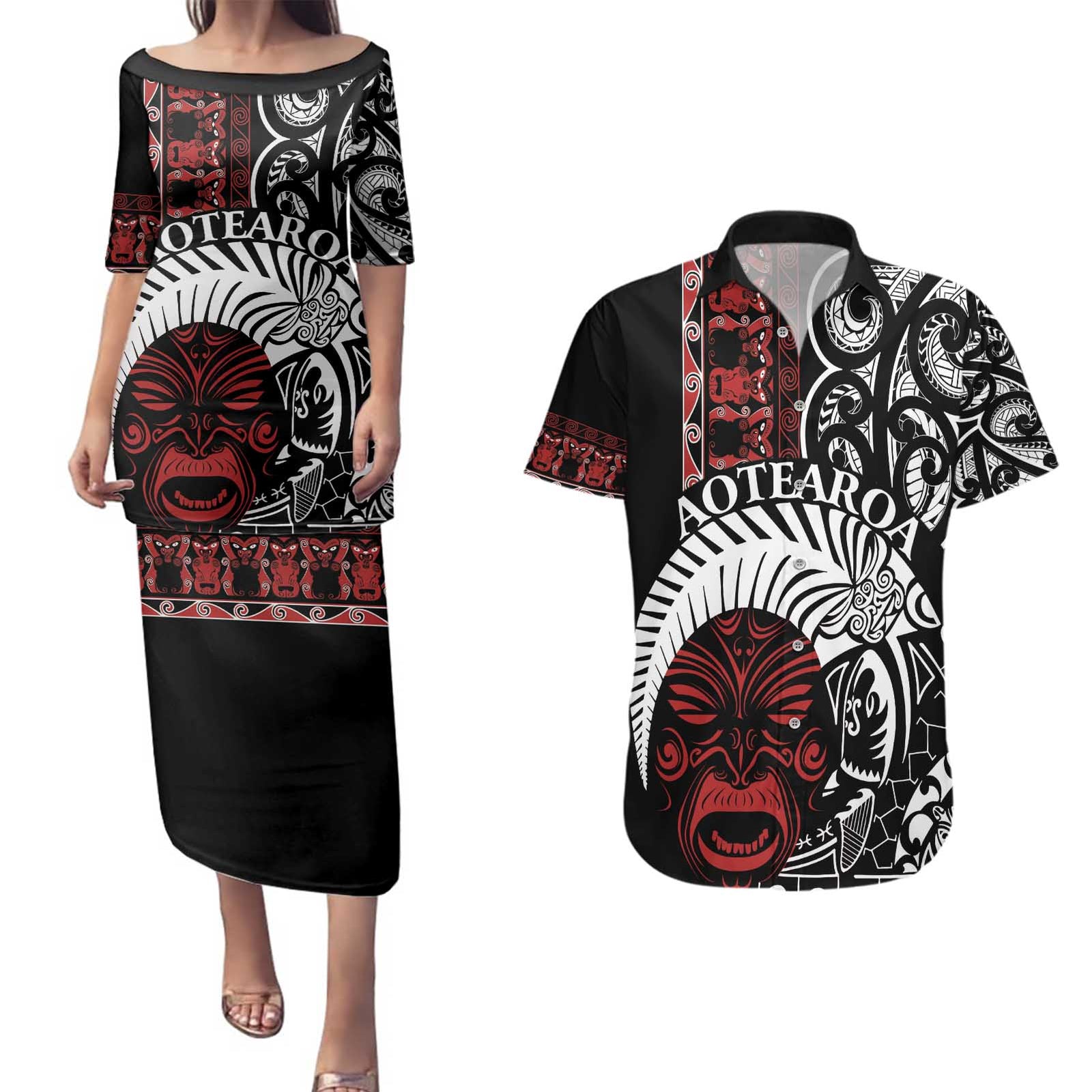 Honour The Treaty New Zealand Personalised Couples Matching Puletasi and Hawaiian Shirt Toitu Te Tiriti Indigenous Maori Face
