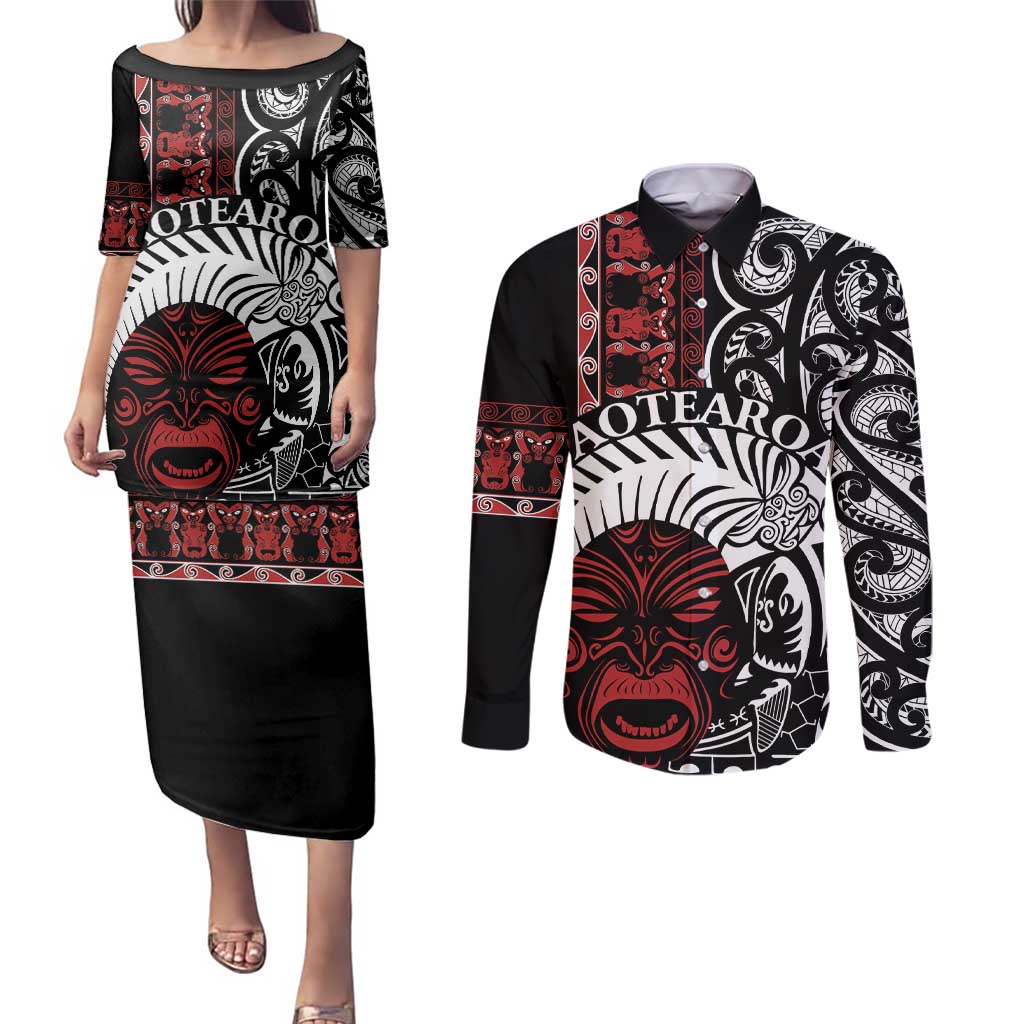 Honour The Treaty New Zealand Personalised Couples Matching Puletasi and Long Sleeve Button Shirt Toitu Te Tiriti Indigenous Maori Face