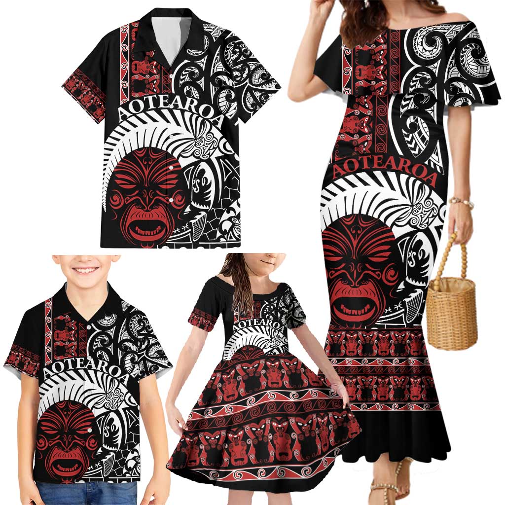 Honour The Treaty New Zealand Personalised Family Matching Mermaid Dress and Hawaiian Shirt Toitu Te Tiriti Indigenous Maori Face LT9 - Polynesian Pride