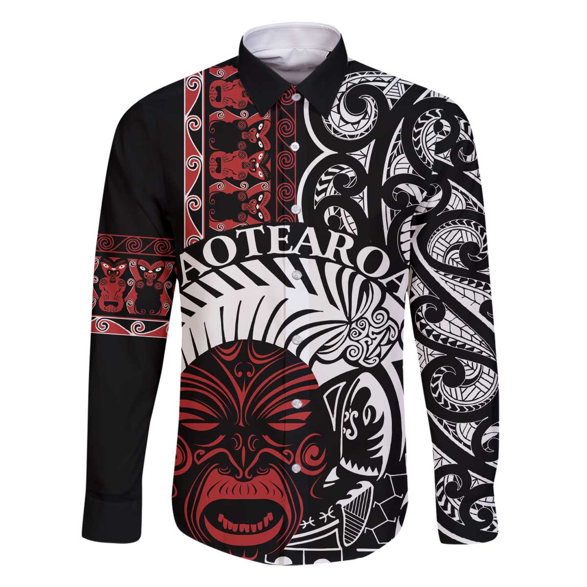 Honour The Treaty New Zealand Personalised Family Matching Off The Shoulder Long Sleeve Dress and Hawaiian Shirt Toitu Te Tiriti Indigenous Maori Face LT9 Dad's Shirt - Long Sleeve Black - Polynesian Pride