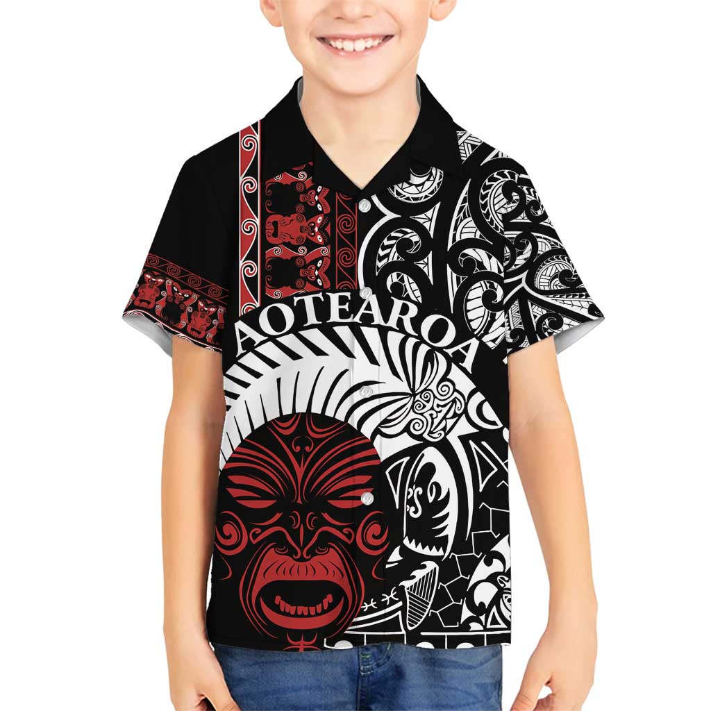 Honour The Treaty New Zealand Personalised Family Matching Summer Maxi Dress and Hawaiian Shirt Toitu Te Tiriti Indigenous Maori Face LT9 Son's Shirt Black - Polynesian Pride