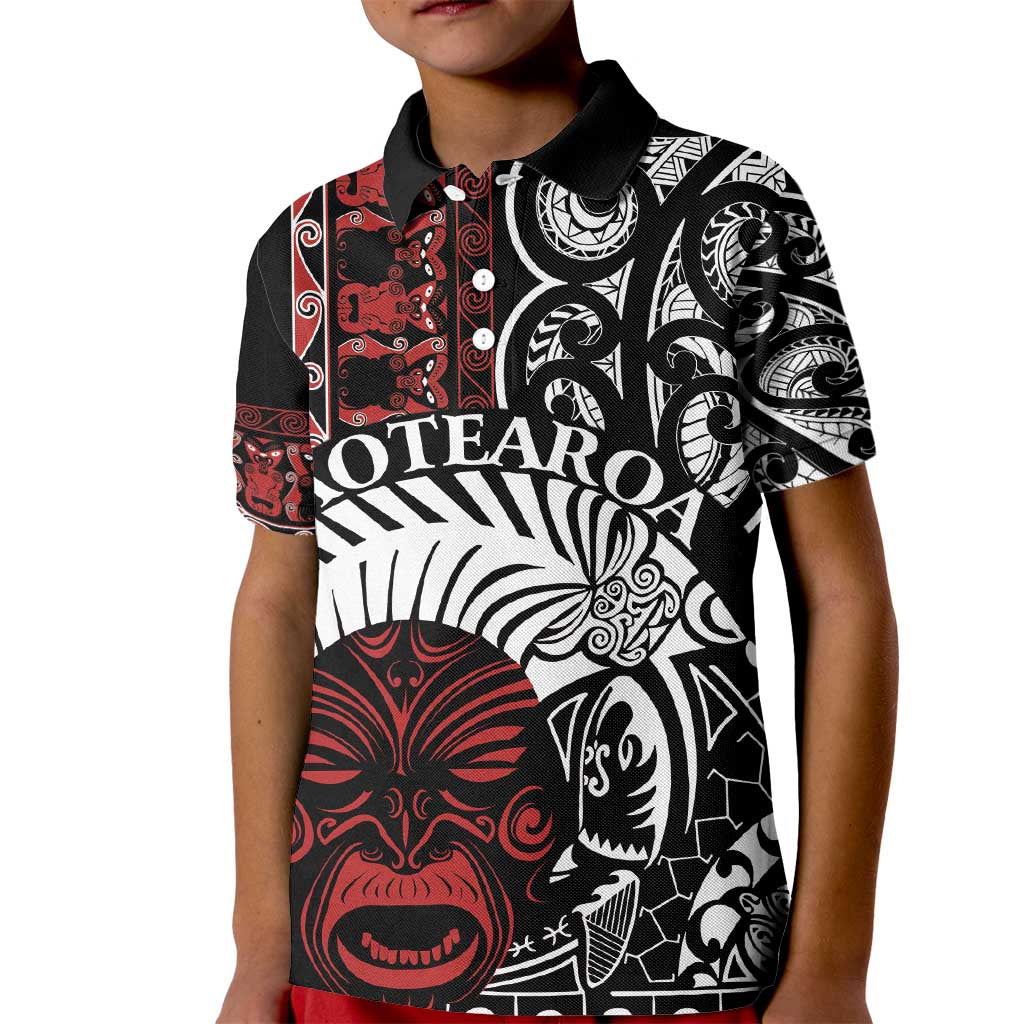 Honour The Treaty New Zealand Personalised Kid Polo Shirt Toitu Te Tiriti Indigenous Maori Face LT9 Kid Black - Polynesian Pride