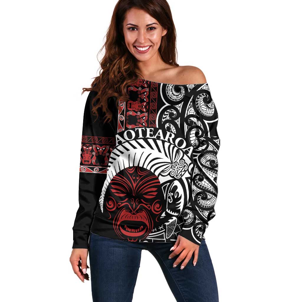 Honour The Treaty New Zealand Personalised Off Shoulder Sweater Toitu Te Tiriti Indigenous Maori Face