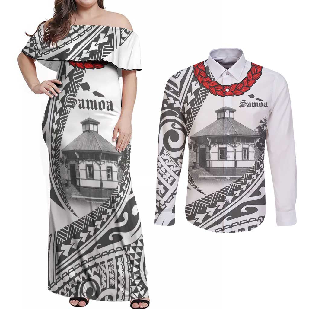 Samoa Mau Movement House Personalised Couples Matching Off Shoulder Maxi Dress and Long Sleeve Button Shirt Fa'a Samoa The Samoan Way