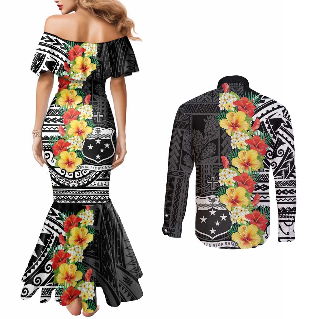 Samoa Tribal Hibiscus Flowers Couples Matching Mermaid Dress and Long Sleeve Button Shirt