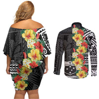 Samoa Tribal Hibiscus Flowers Couples Matching Off Shoulder Short Dress and Long Sleeve Button Shirt
