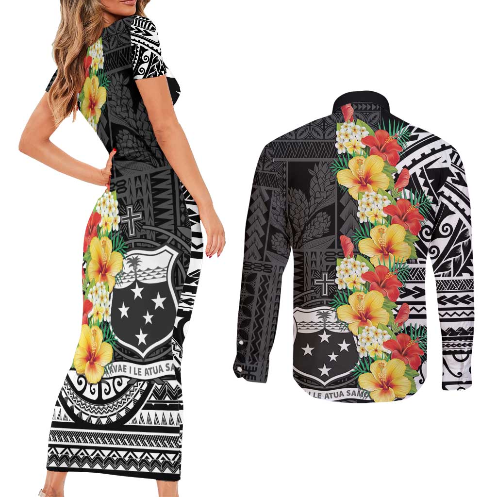 Samoa Tribal Hibiscus Flowers Couples Matching Short Sleeve Bodycon Dress and Long Sleeve Button Shirt