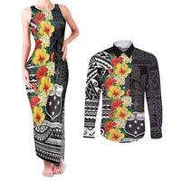 Samoa Tribal Hibiscus Flowers Couples Matching Tank Maxi Dress and Long Sleeve Button Shirt