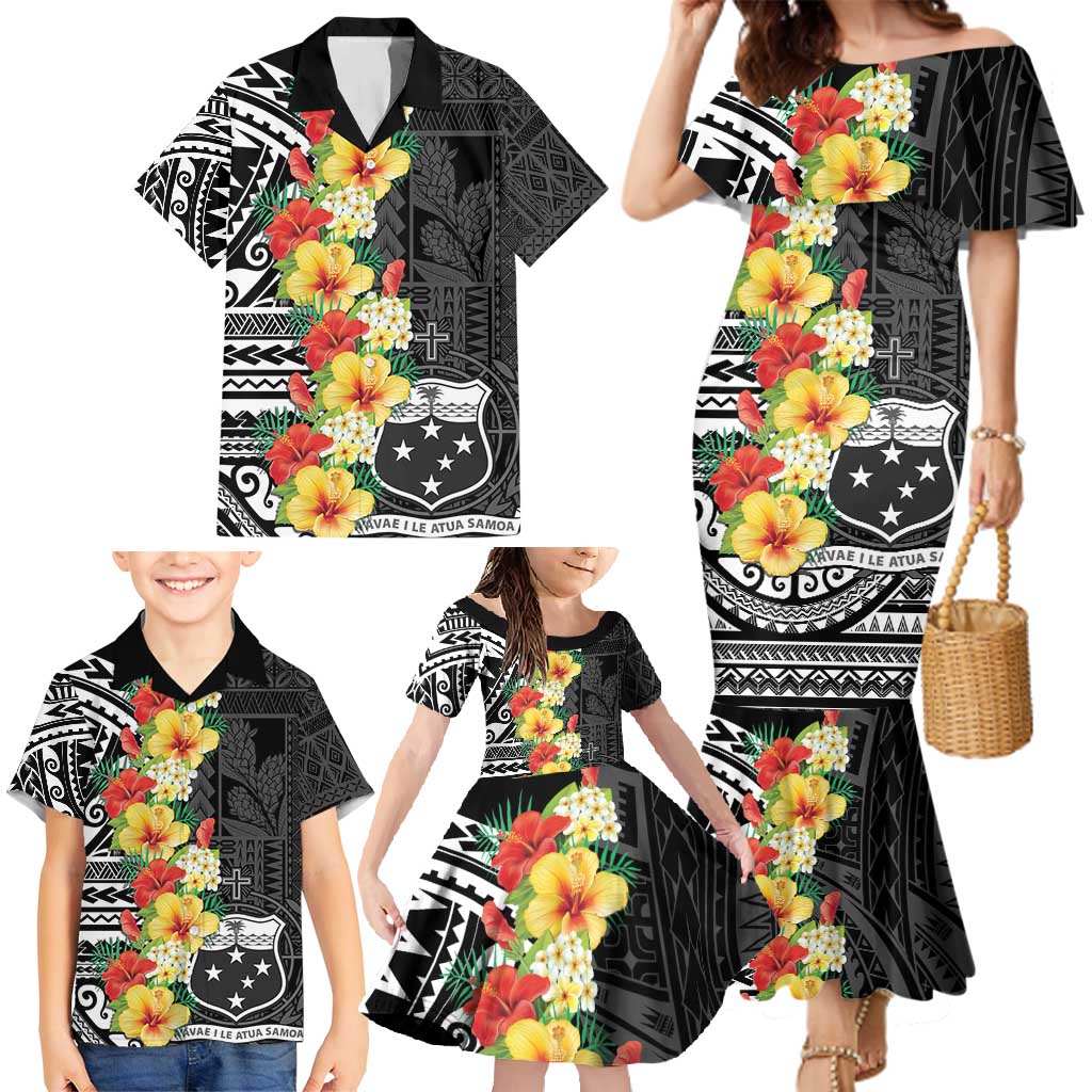 Samoa Tribal Hibiscus Flowers Family Matching Mermaid Dress and Hawaiian Shirt