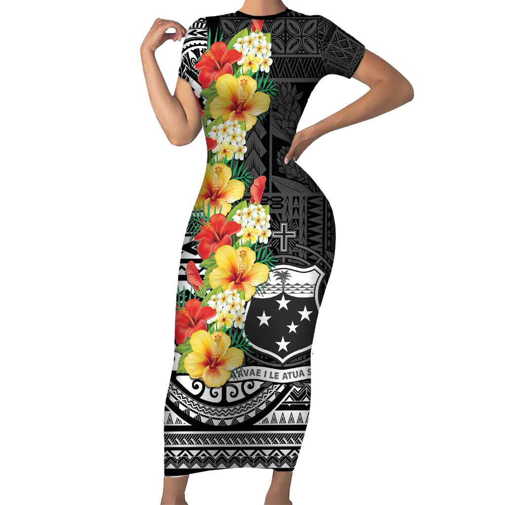 Samoa Tribal Hibiscus Flowers Family Matching Short Sleeve Bodycon Dress and Hawaiian Shirt