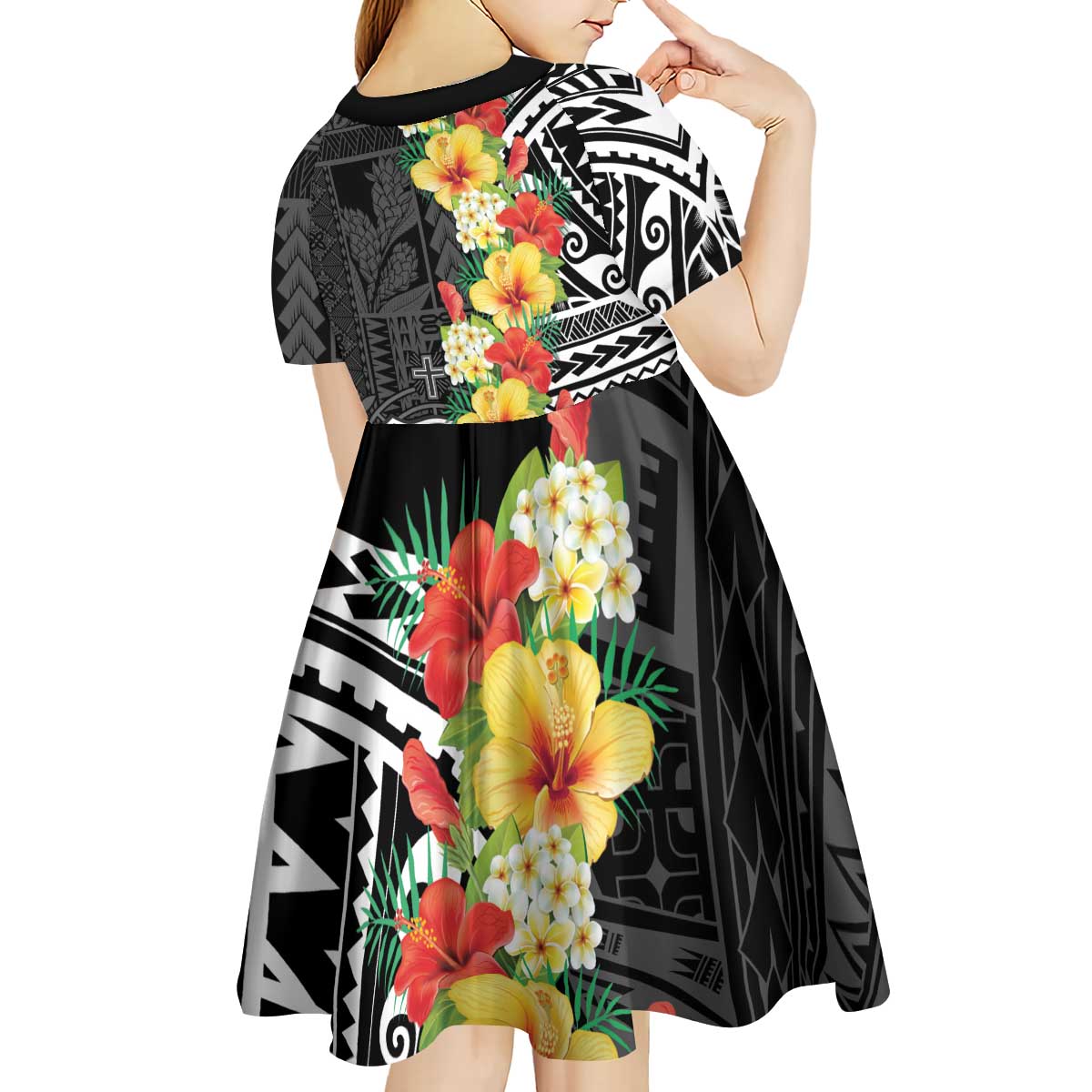 Samoa Tribal Hibiscus Flowers Kid Short Sleeve Dress