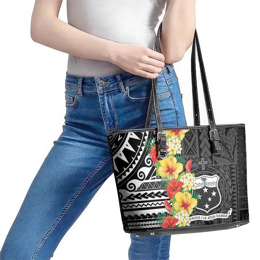 Samoa Tribal Hibiscus Flowers Leather Tote Bag