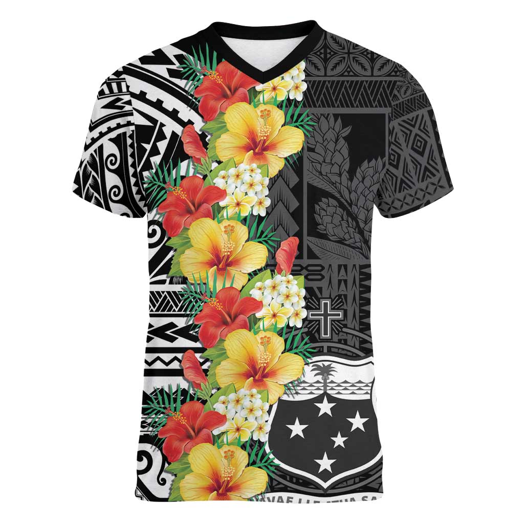 Samoa Tribal Hibiscus Flowers Women V-Neck T-Shirt