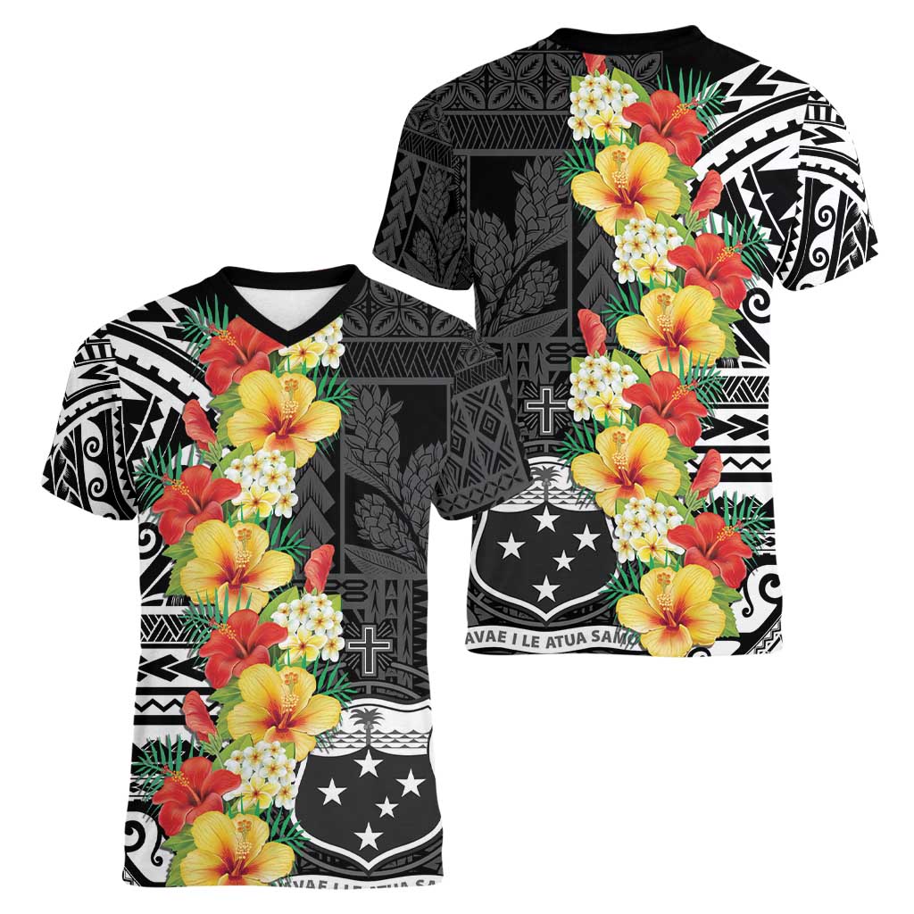Samoa Tribal Hibiscus Flowers Women V-Neck T-Shirt