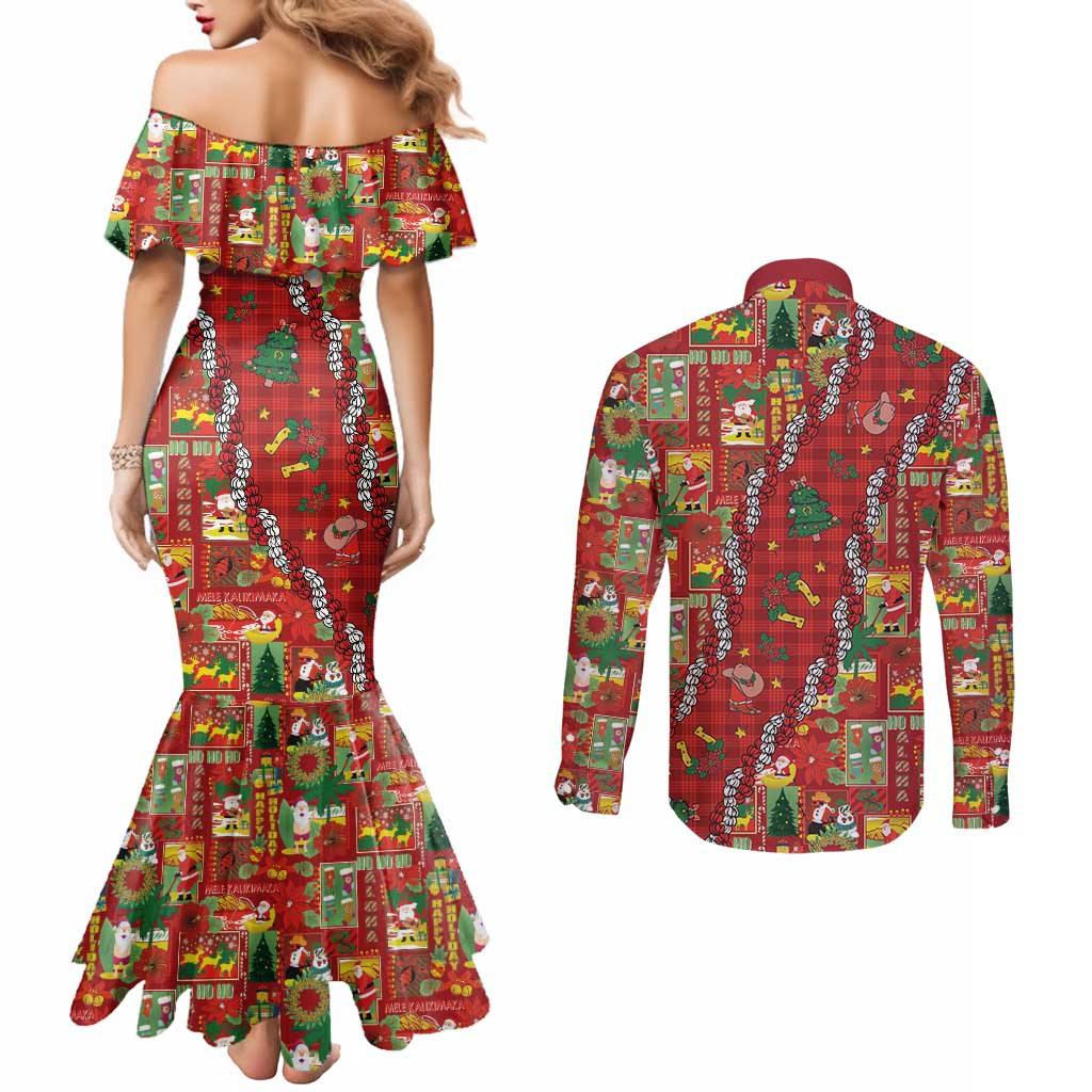 Mele Kalikimaka Pakalana Pikake Lei Couples Matching Mermaid Dress and Long Sleeve Button Shirt Hawaiian Rodeo Paniolo Omaomao Palaka - Polynesian Pride