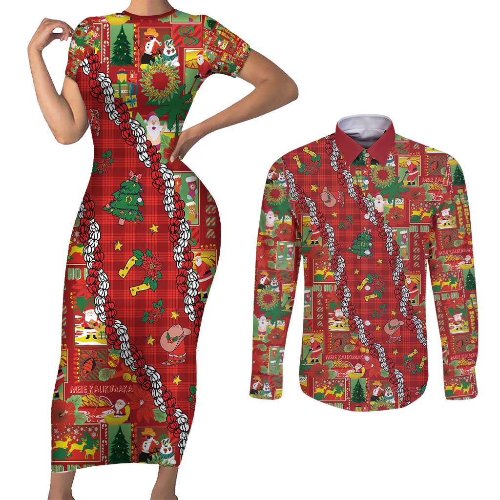 Mele Kalikimaka Pakalana Pikake Lei Couples Matching Short Sleeve Bodycon Dress and Long Sleeve Button Shirt Hawaiian Rodeo Paniolo Omaomao Palaka - Polynesian Pride