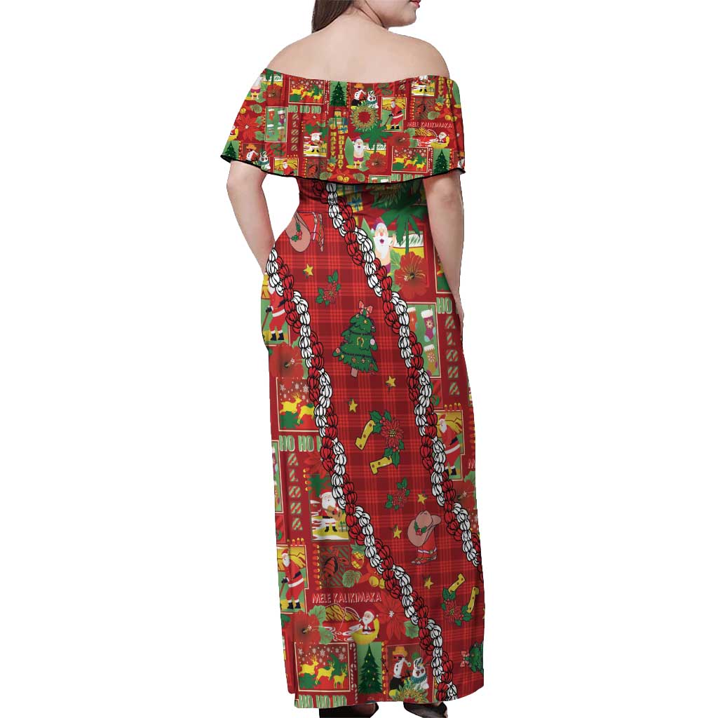 Mele Kalikimaka Pakalana Pikake Lei Off Shoulder Maxi Dress Hawaiian Rodeo Paniolo Omaomao Palaka - Polynesian Pride