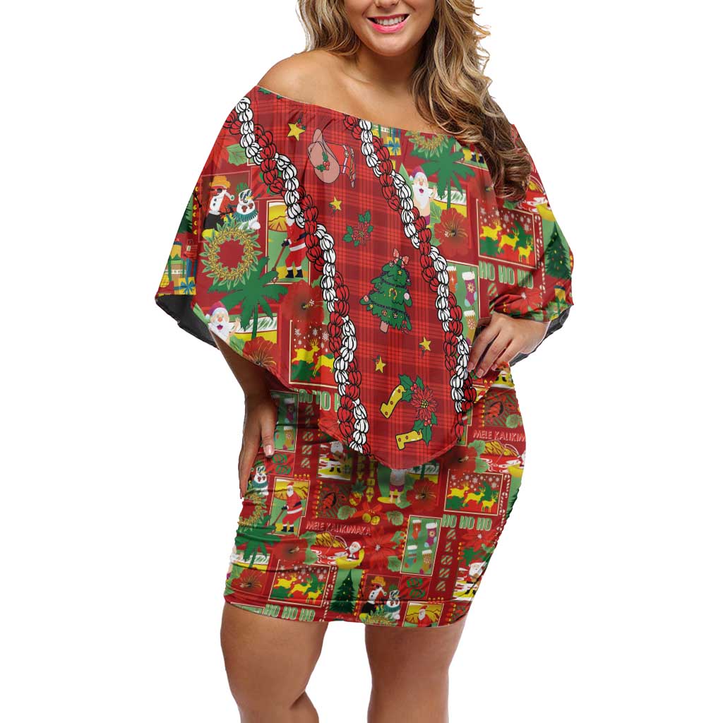 Mele Kalikimaka Pakalana Pikake Lei Off Shoulder Short Dress Hawaiian Rodeo Paniolo Omaomao Palaka - Polynesian Pride