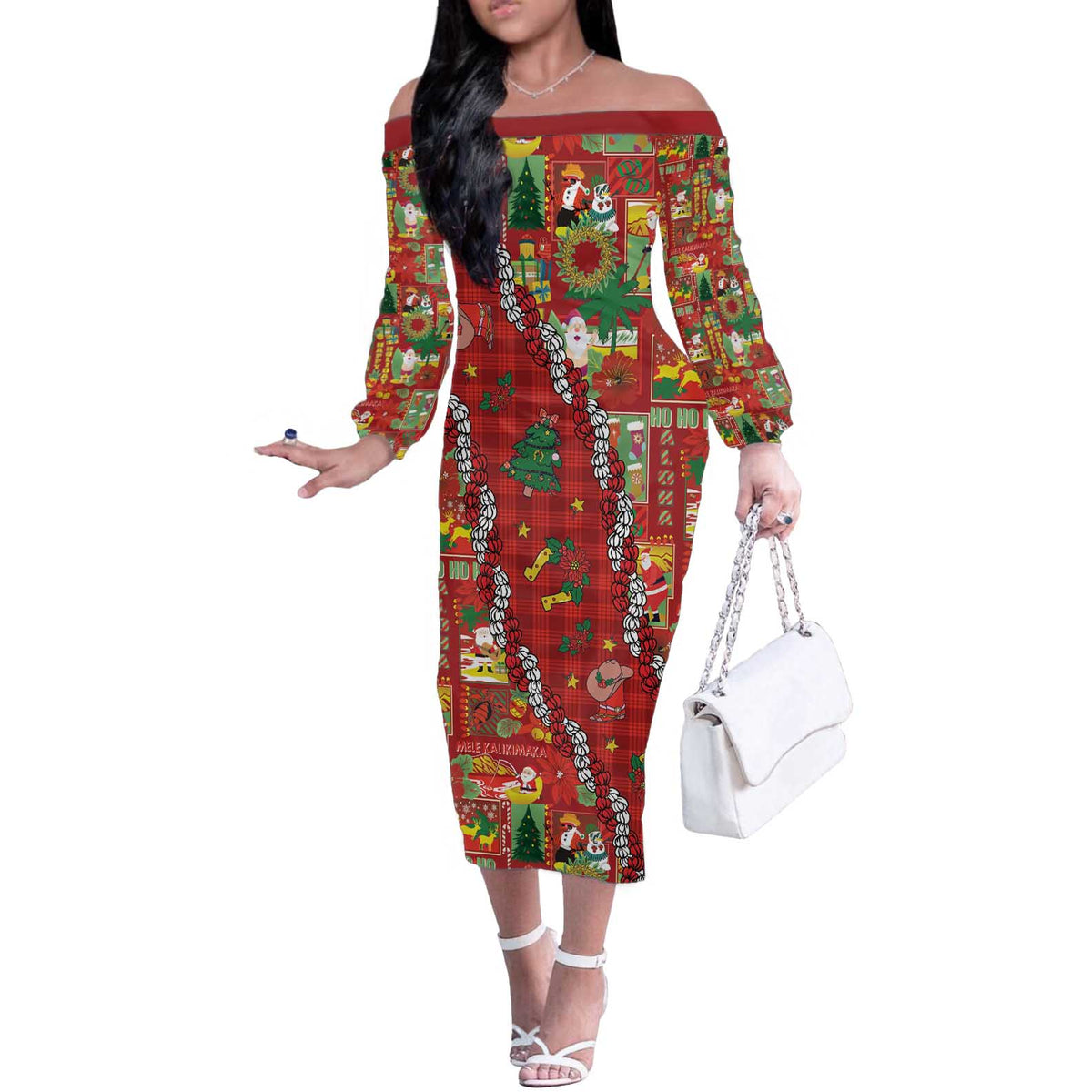 Mele Kalikimaka Pakalana Pikake Lei Off The Shoulder Long Sleeve Dress Hawaiian Rodeo Paniolo Omaomao Palaka - Polynesian Pride