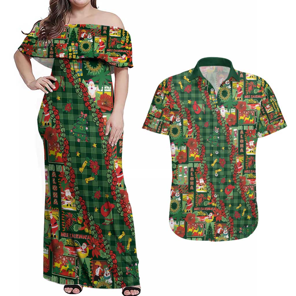 Mele Kalikimaka Pakalana Pikake Lei Couples Matching Off Shoulder Maxi Dress and Hawaiian Shirt Hawaiian Rodeo Paniolo Ulaula Palaka - Polynesian Pride