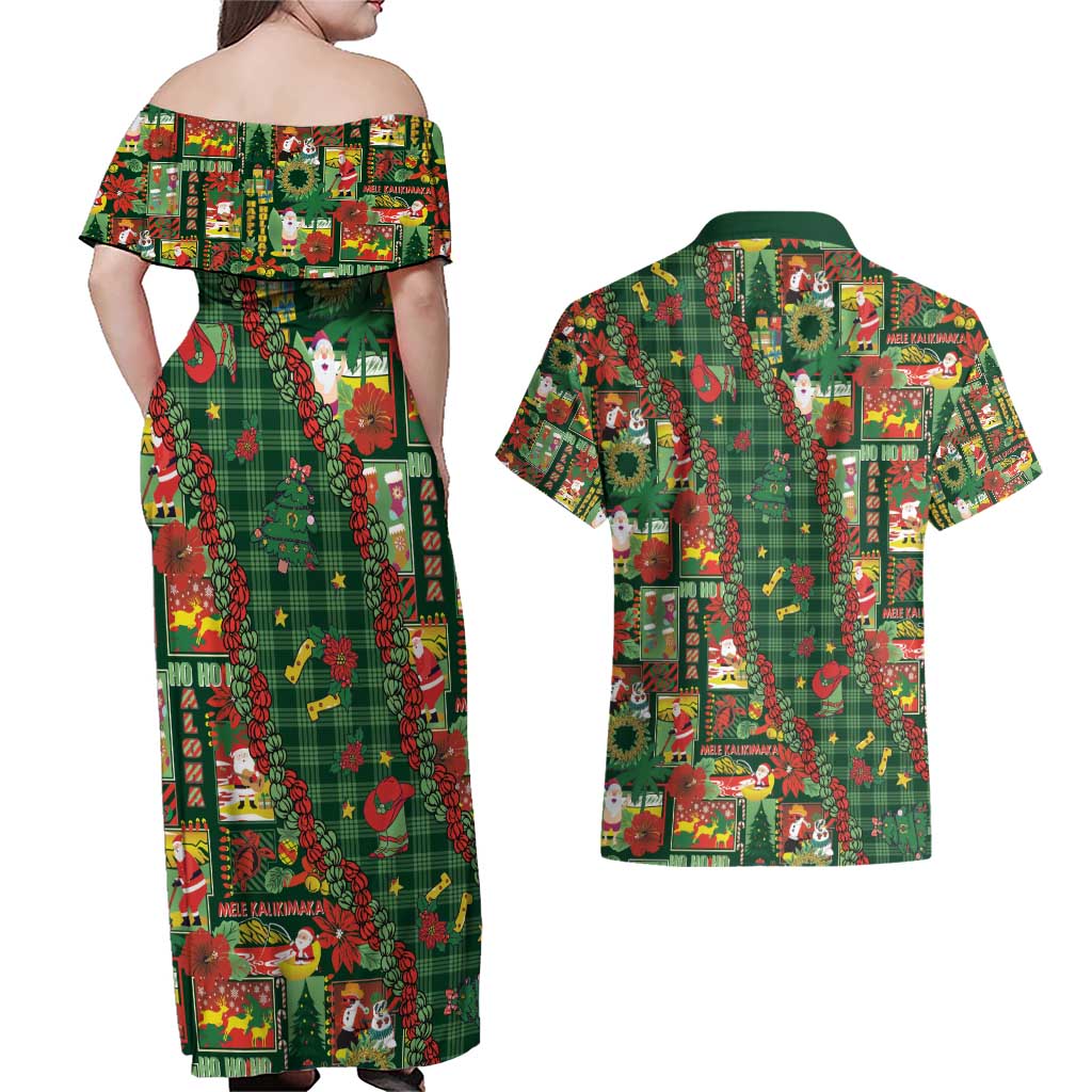 Mele Kalikimaka Pakalana Pikake Lei Couples Matching Off Shoulder Maxi Dress and Hawaiian Shirt Hawaiian Rodeo Paniolo Ulaula Palaka - Polynesian Pride