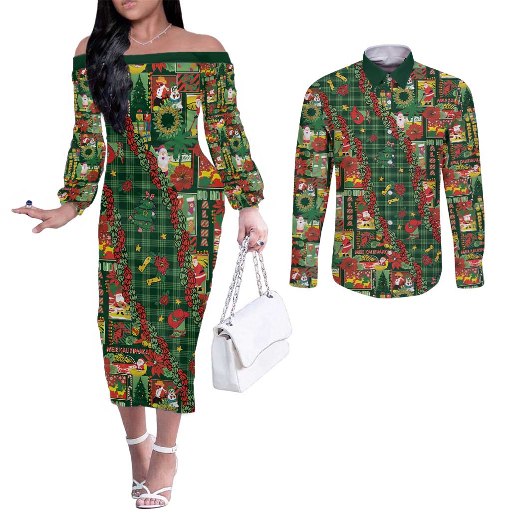 Mele Kalikimaka Pakalana Pikake Lei Couples Matching Off The Shoulder Long Sleeve Dress and Long Sleeve Button Shirt Hawaiian Rodeo Paniolo Ulaula Palaka - Polynesian Pride