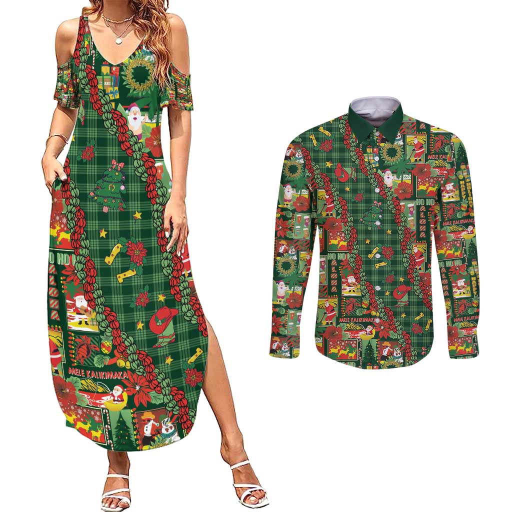 Mele Kalikimaka Pakalana Pikake Lei Couples Matching Summer Maxi Dress and Long Sleeve Button Shirt Hawaiian Rodeo Paniolo Ulaula Palaka - Polynesian Pride