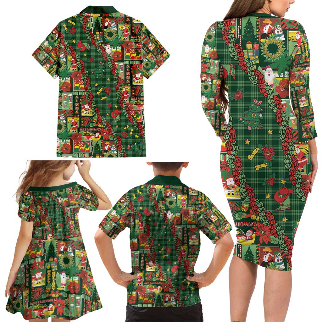 Mele Kalikimaka Pakalana Pikake Lei Family Matching Long Sleeve Bodycon Dress and Hawaiian Shirt Hawaiian Rodeo Paniolo Ulaula Palaka - Polynesian Pride