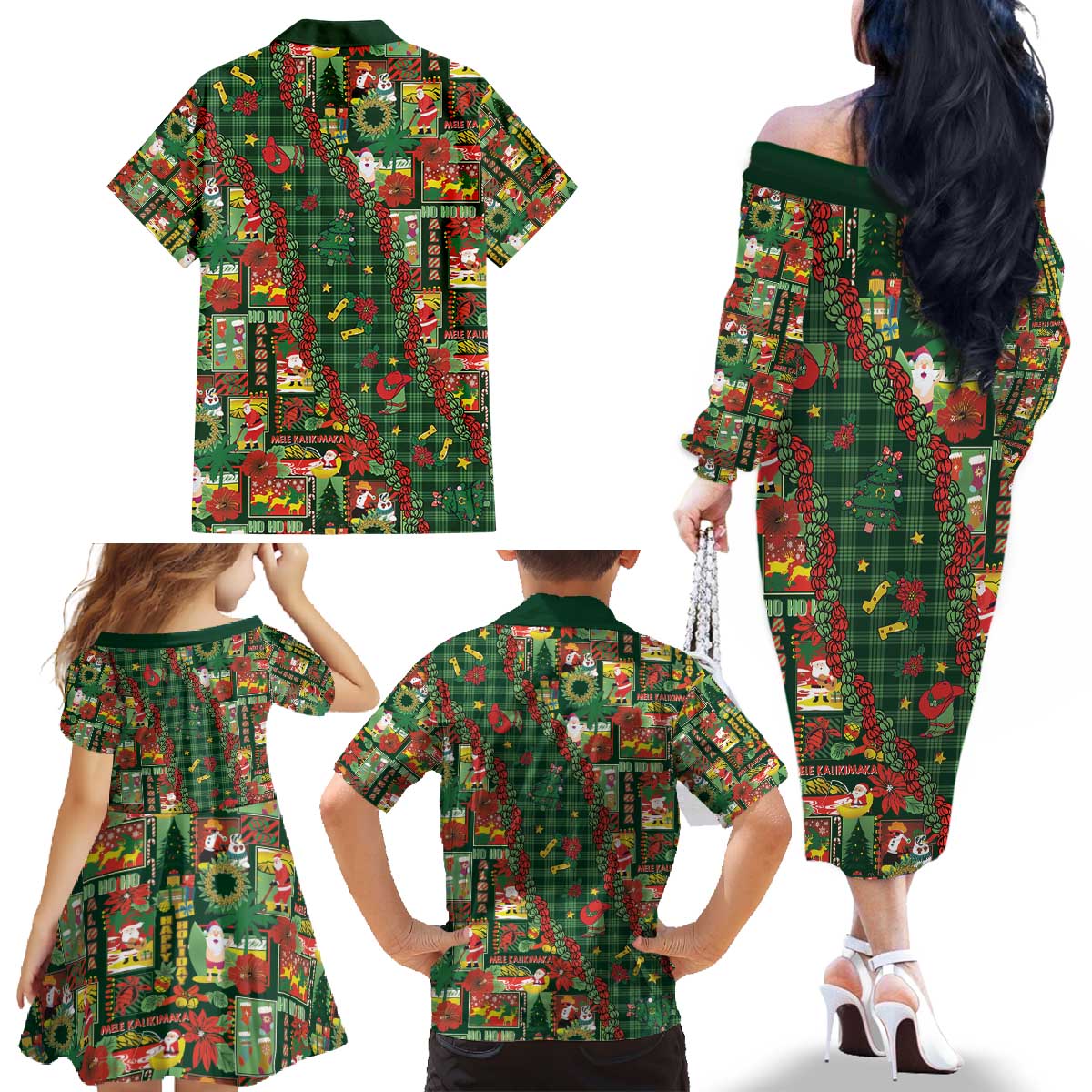 Mele Kalikimaka Pakalana Pikake Lei Family Matching Off The Shoulder Long Sleeve Dress and Hawaiian Shirt Hawaiian Rodeo Paniolo Ulaula Palaka - Polynesian Pride