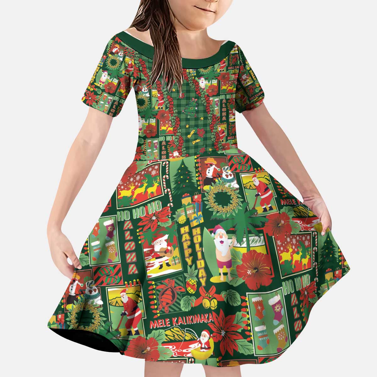 Mele Kalikimaka Pakalana Pikake Lei Kid Short Sleeve Dress Hawaiian Rodeo Paniolo Ulaula Palaka - Polynesian Pride