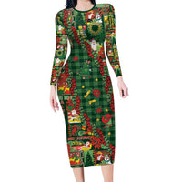 Mele Kalikimaka Pakalana Pikake Lei Long Sleeve Bodycon Dress Hawaiian Rodeo Paniolo Ulaula Palaka - Polynesian Pride