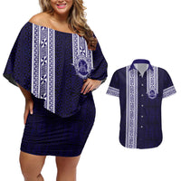 Tonga Queen Salote College 100 years Couples Matching Off Shoulder Short Dress and Hawaiian Shirt QSC 1926-2026 Tongan Pattern LT9 Blue - Polynesian Pride